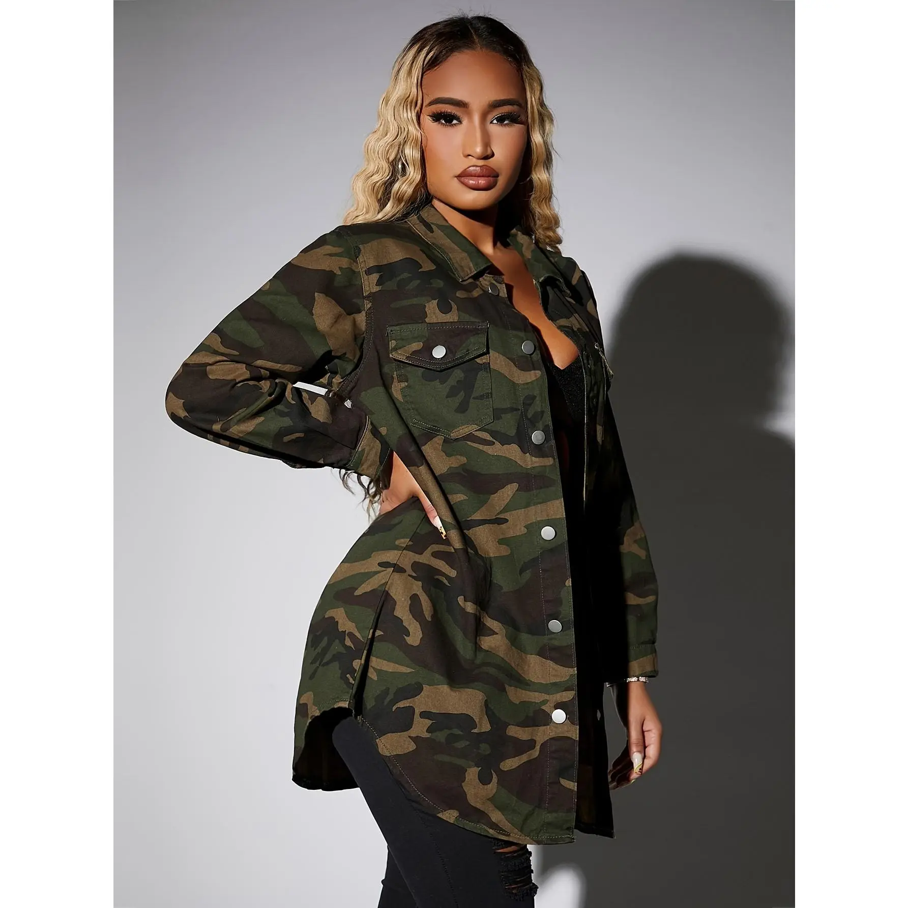 Plus Size - Plus Size - Mid-Length Single-Button Plus Size Camouflage Jacket