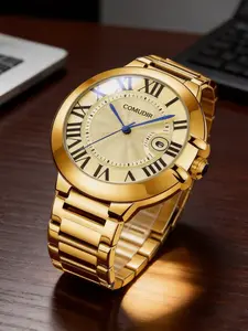 Luxury Men's Quartz Watch Case Champagne Dial Roman Numerals Stainless Steel Band Waterproof Business Casual Gift