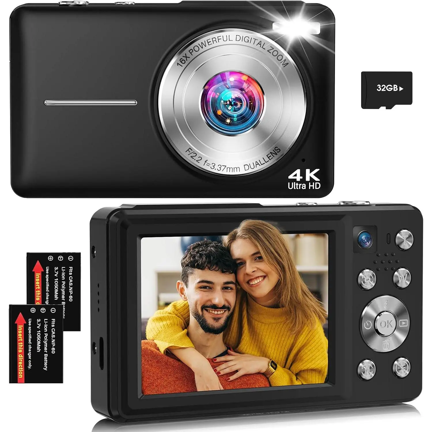 Digital Camera, 4K 64MP Autofocus 16X Zoom Camera with  Lens(Black) | 2026  Anti-Shake Point Shoot Camera, Compact Travel Vlogging Camera for Teens Adults Beginner, 32GB Card, 2