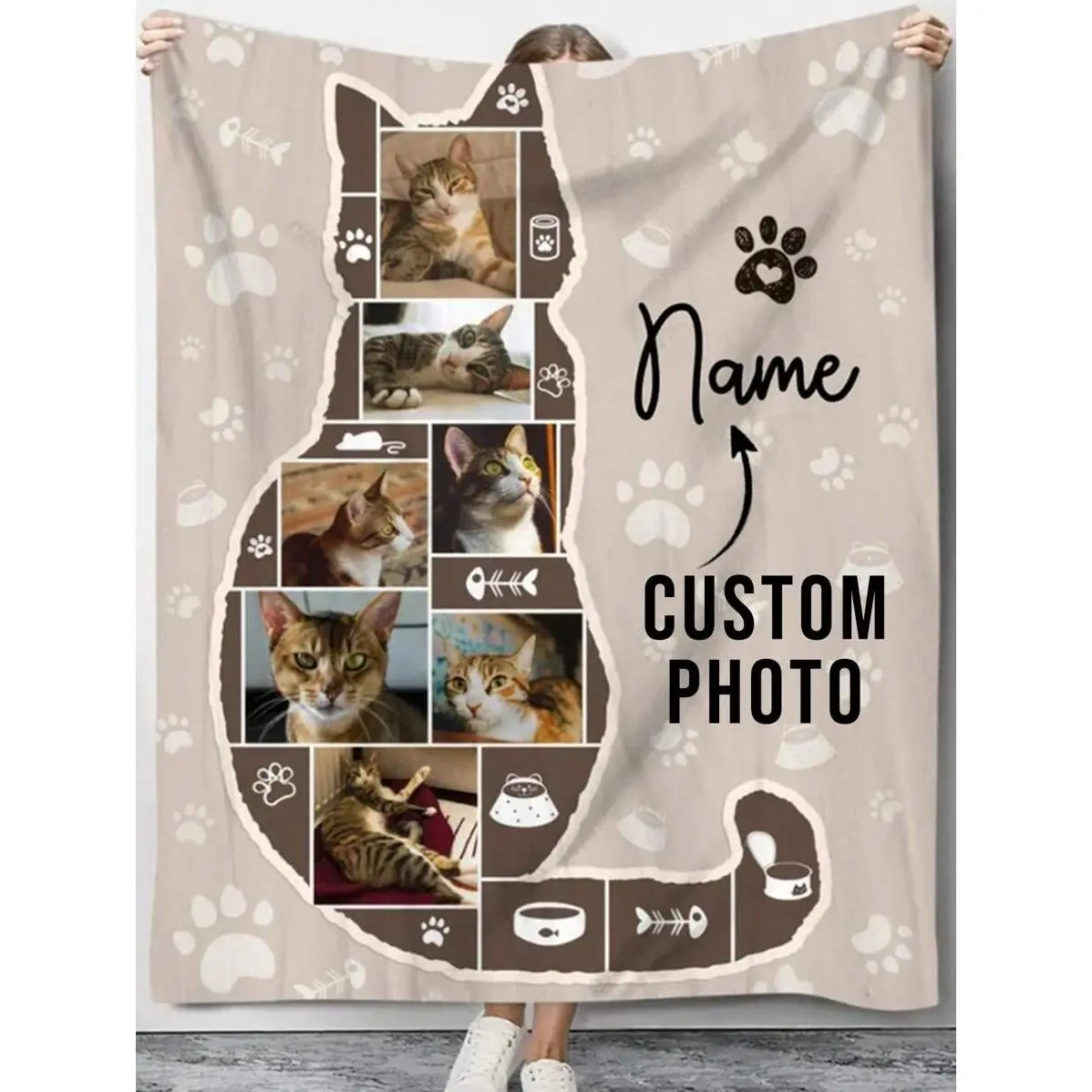 Customized Cat Photo Collage Throw Blanket - Wrinkle-Resistant, Fade-Resistant Flannel Blanket with Custom Name, Whisker Kitten Paw Keepsake Design, Soft Cozy Warm Cover, PVC Material, Home Room Decor Gift for Cat Lovers
