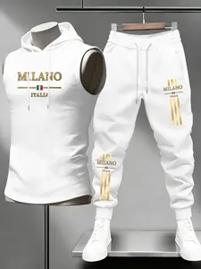 Luxury Gold Embossed Milano Italian Flag Hooded Sleeveless Set, Men's Hooded Vest + Cuffed Sweatpants, European Style Casual Fitness