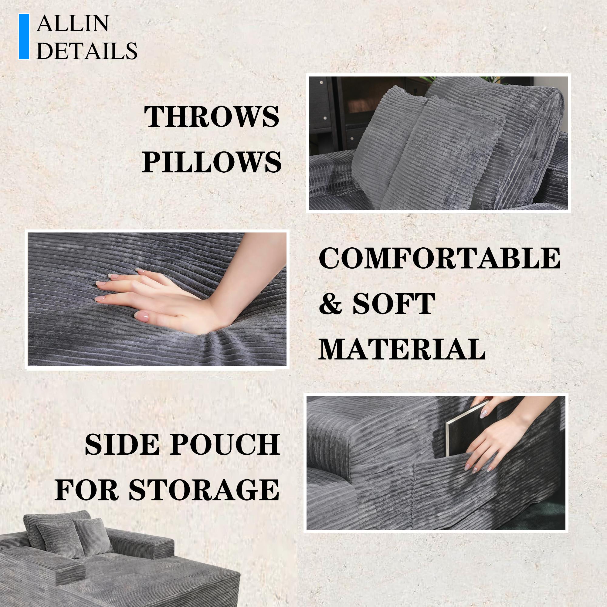 Modern L-Shaped Sectional Sofa with Chaise, Grey Corduroy Couch, Storage Pouches, Throw Pillows