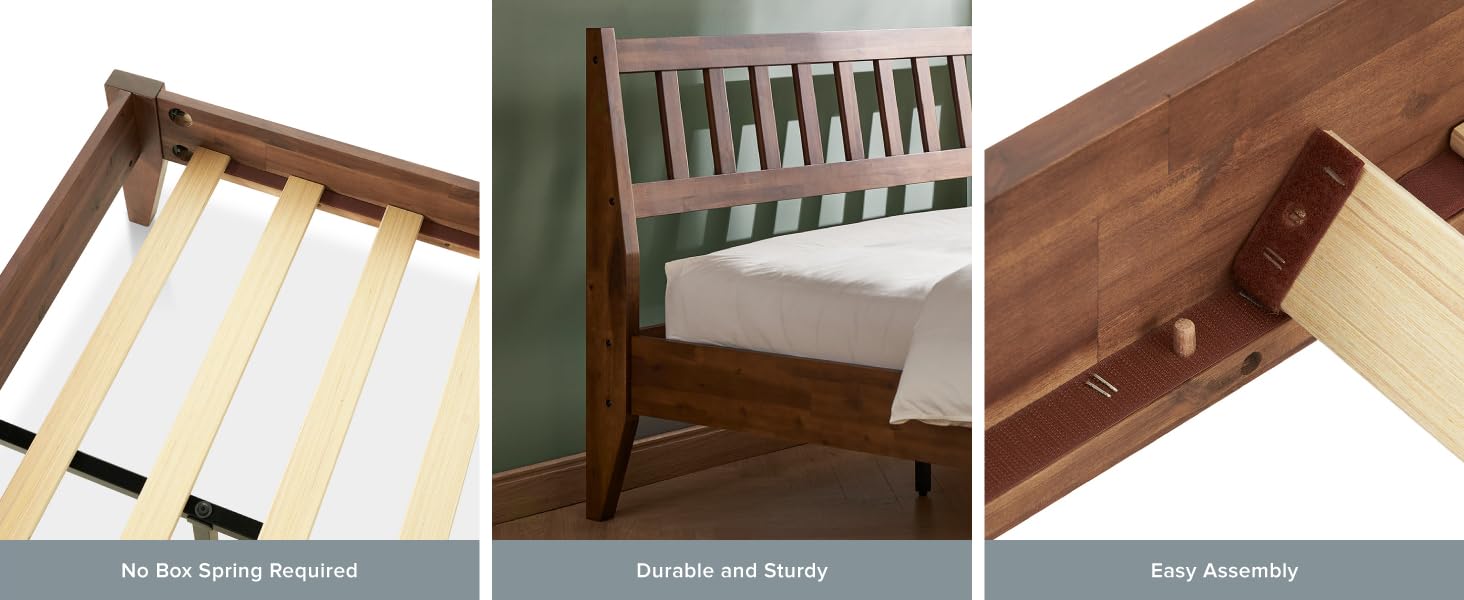 mopio Ted Bed Frame with Headboard, Mid Century Modern Acacia Solid Wood Platform Bed Frame, Wooden Slats, No Box Spring, Double Metal Bar Support (Solid Wood Slatted, King (U.S. Standard))