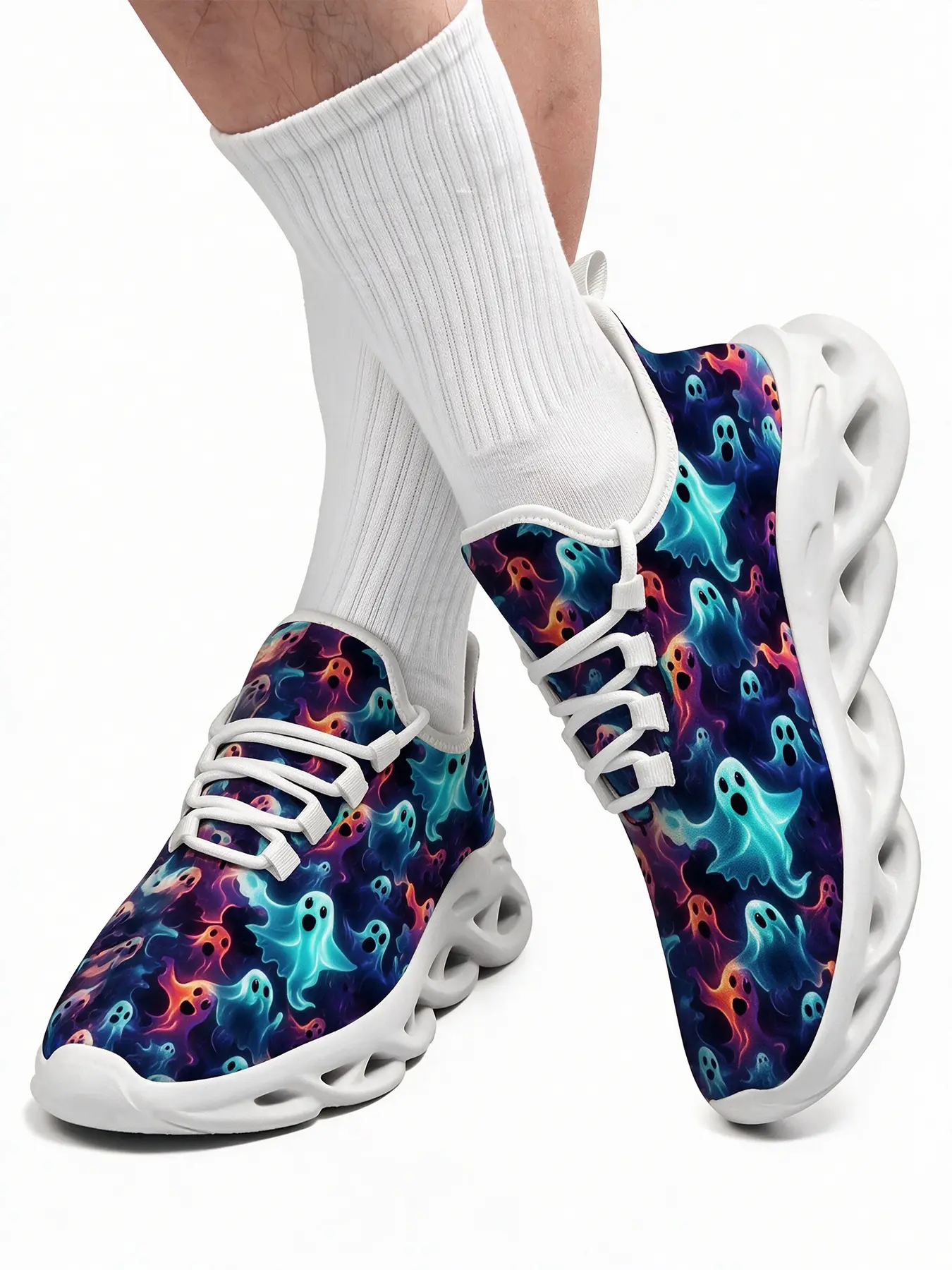 Halloween Spooky Ghost Galaxy Print Blade Sole Sneakers, Colorful Neon Ghost Pattern Breathable Lace Up Casual Walking Shoes, Lightweight Non Slip Gothic Fashion Athletic Trainers for Women & Men, Sports Shoes