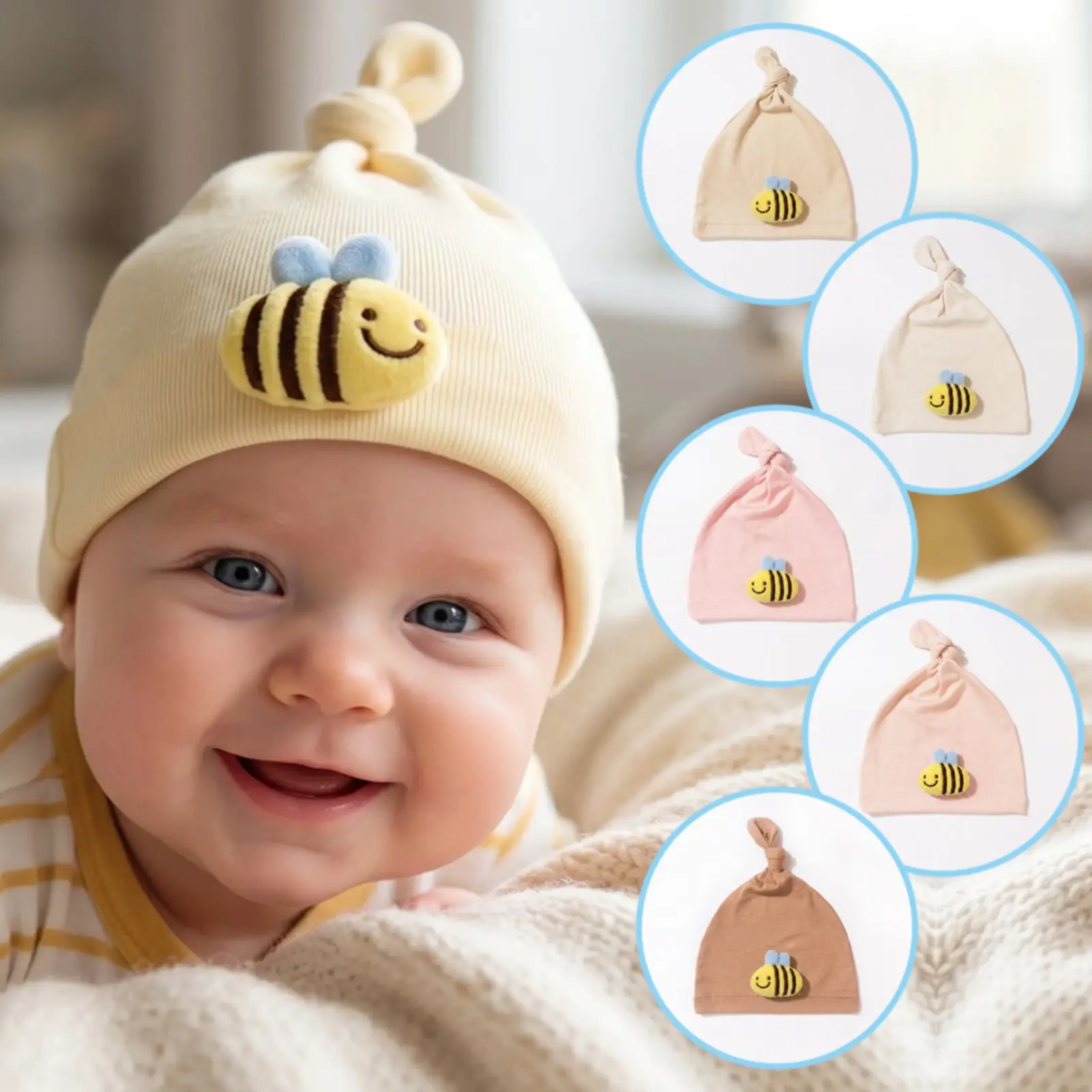 Plush Knit Ribbed Knotted Beanie Hat - 3D Bee Cartoon Decor, Soft Stretch Skull Cap, 6 Solid Colors, All Seasons Lightweight Neutral Outdoor Walking Sports & Outdoor Accessory