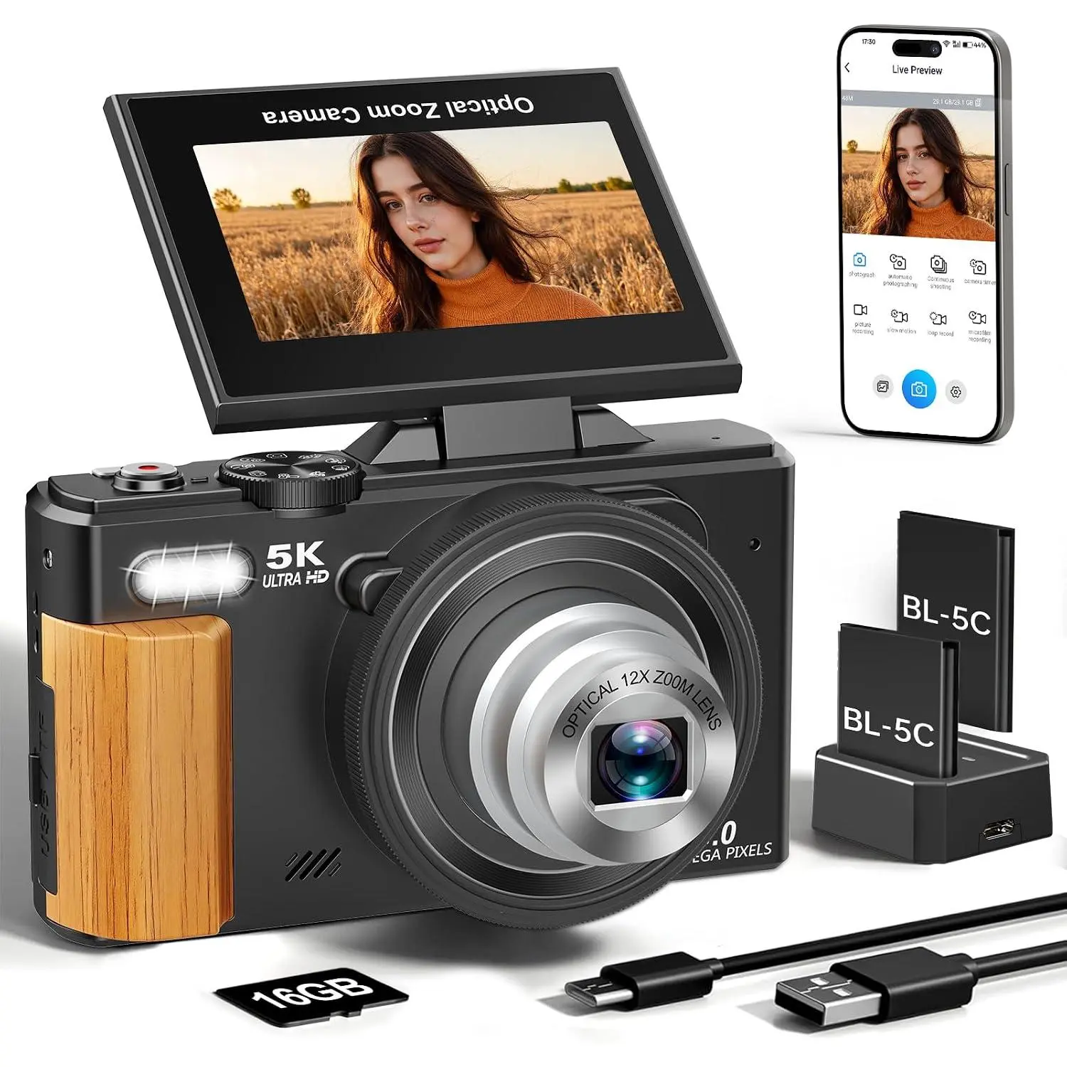 5K Digital Camera,80MP  Digital Camera for Photography with 3" 180? Flip Screen,12X Optical Zoom,Flash,Autofocus Vlogging Camera for YouTube with 2  & 16GB TF Card(Black)