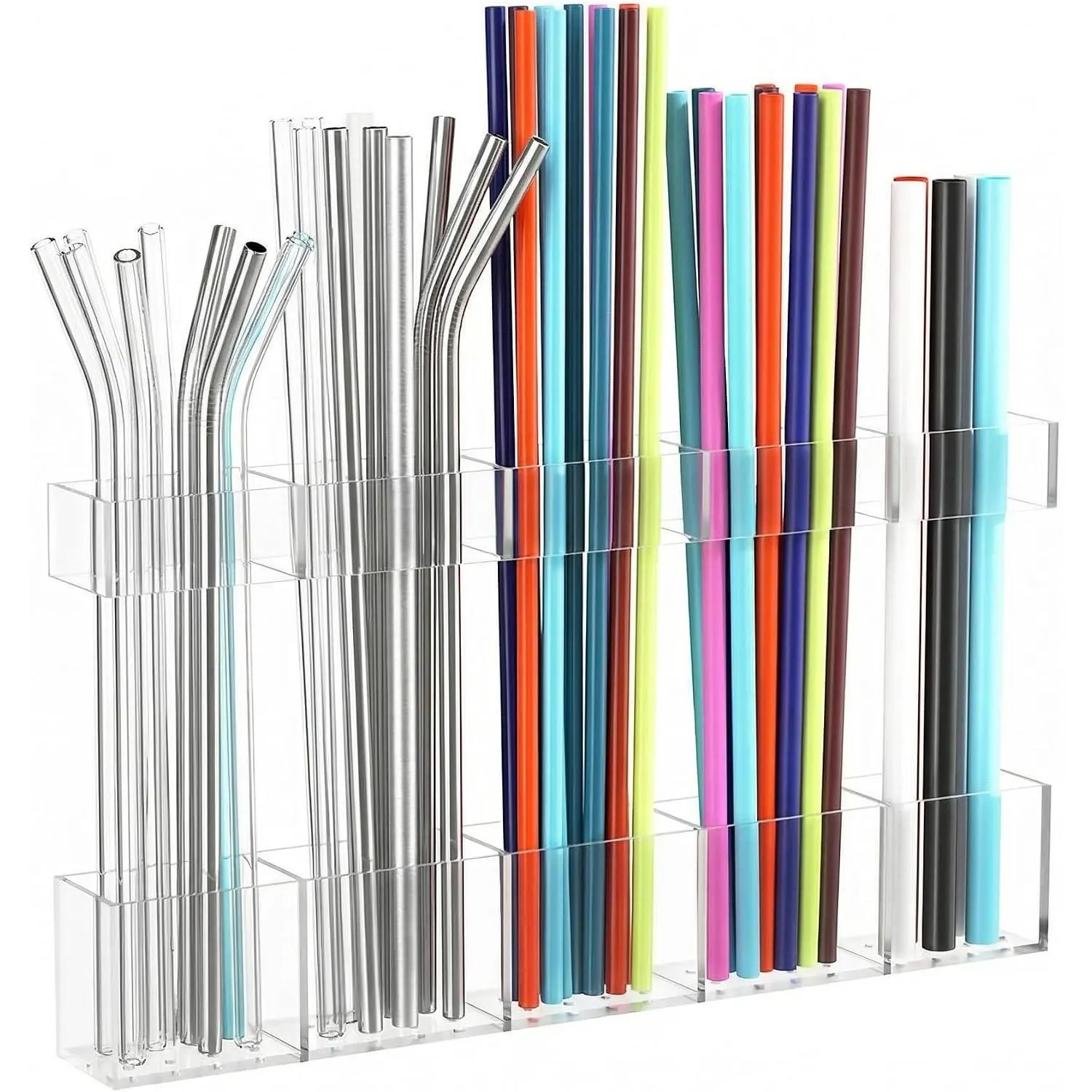 Smooth Synthetic Straw Holder with Drainage Holes, 9.5in Transparent Organize Straws Storage Container for Kitchen Use, Mountable on Cabinet Door Counter Cupboard Door, Wipe Clean