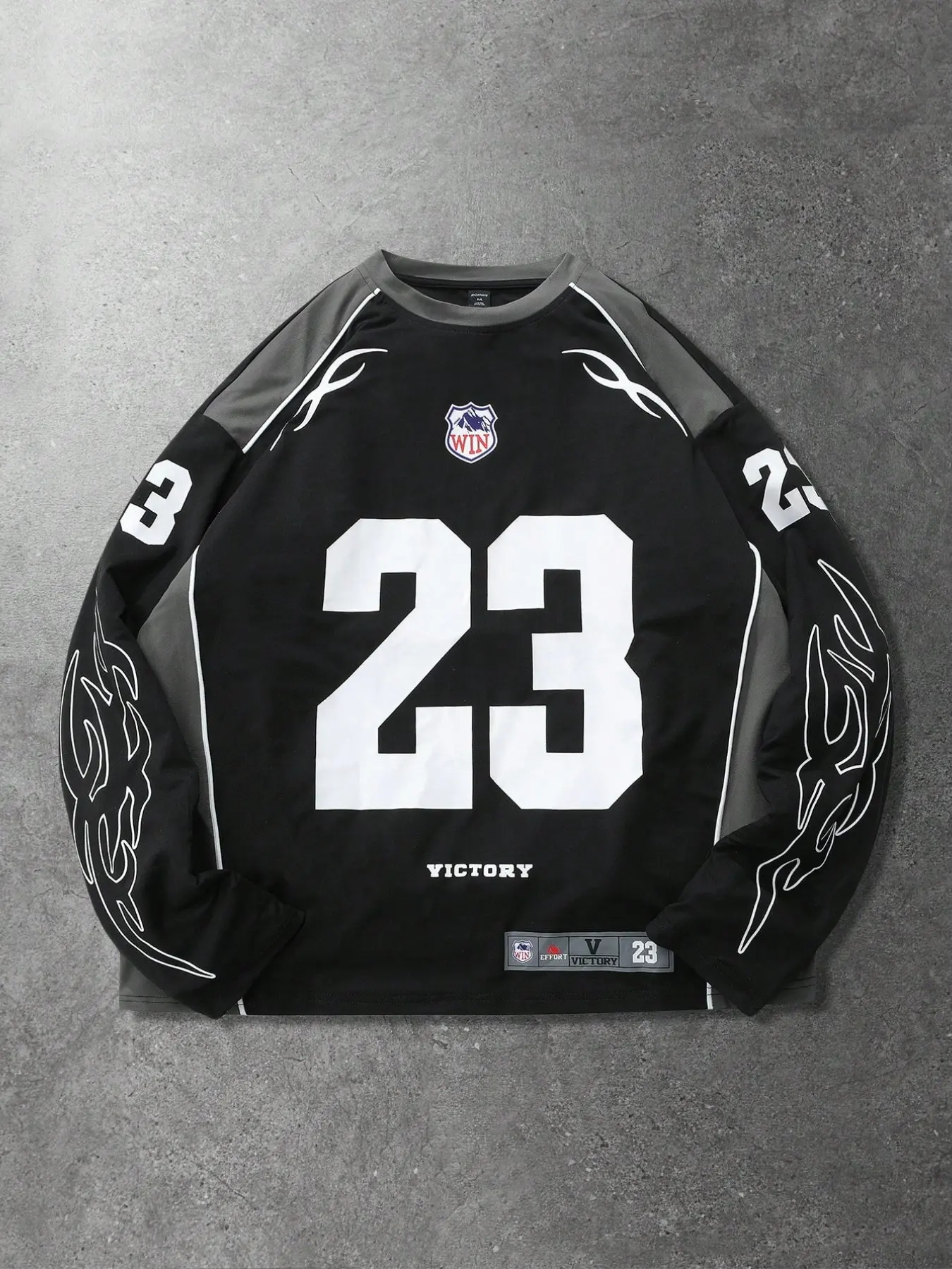 Y2K American Streetwear Long Sleeve Jersey For Men, Contrast Panel Racing Top With Big 23 Number & Flame Print, Vintage Athletic Football Crew Neck Shirt, Loose Casual Tee For Hip Hop Daily Autumn Wear