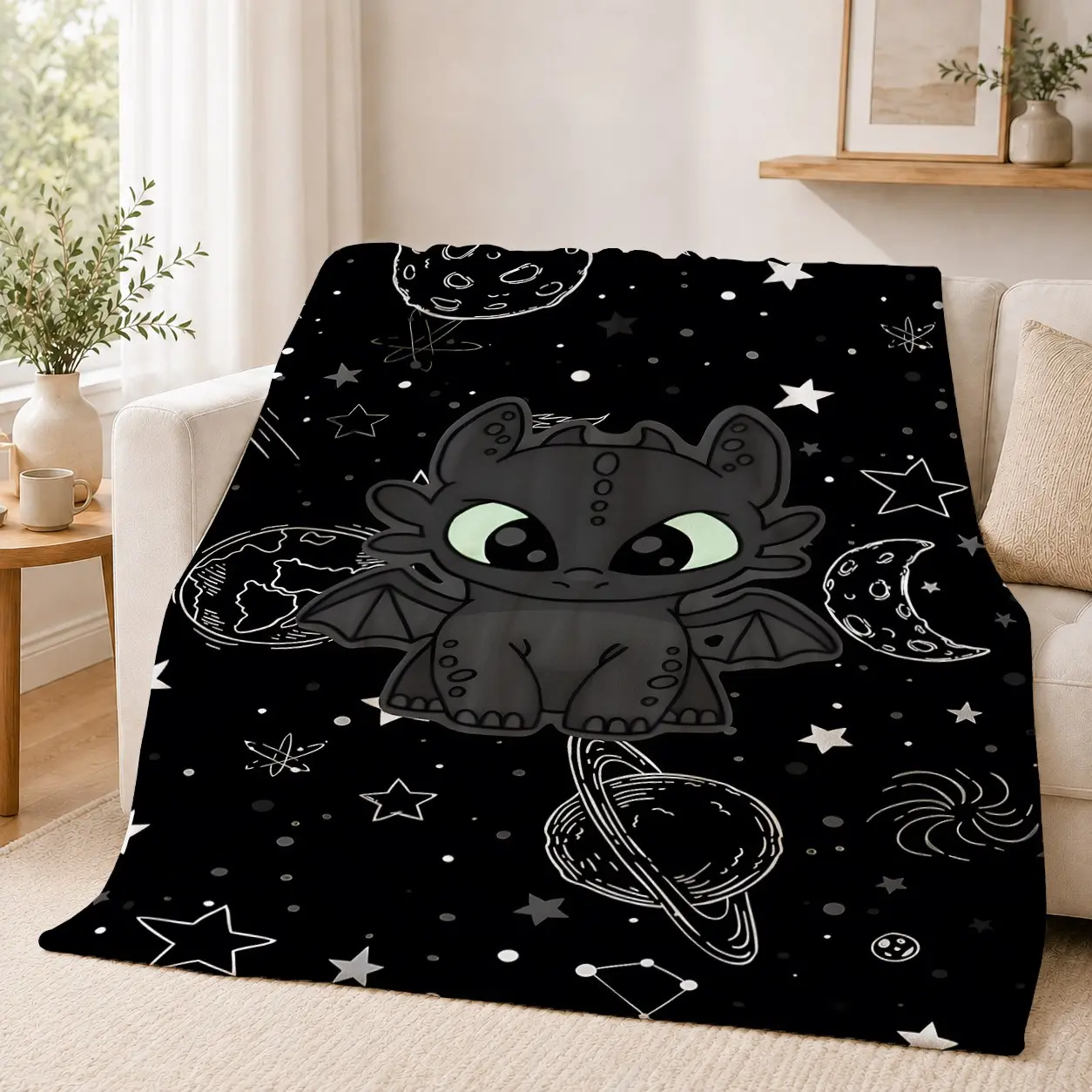 Toothless Night Fury Galaxy Space Fleece Throw Blanket, Ultra Soft Warm Fluffy, Ideal for Couch Sofa Bed, Adult Decor