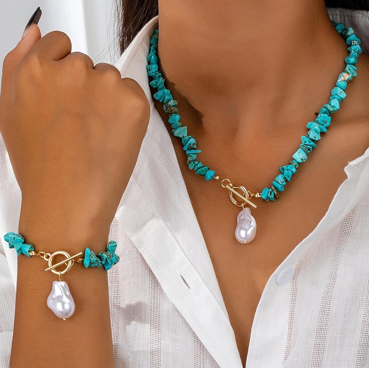 Boho Turquoise Handmade Necklace & Bracelet Set, Retro Turquoise Chips & Baroque Pearl Jewelry, Simple Alloy Fashion Accessory for Daily Wear, Elegant Artificial Pearl Pendant Necklace & Bracelet Set for Women