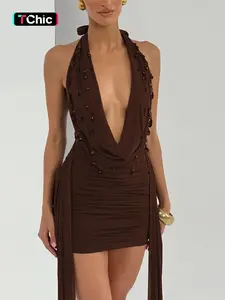Women Summer Sexy Halter Sleeveless V Neck Backless Party Club Mesh Bodycon Stretch Mini Dress