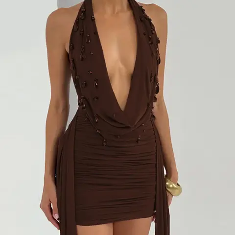 Women's Summer Sexy Halter Sleeveless V-Neck Backless Bodycon Mini Dress, Chic Mesh Design for Party & Club, Evening Cocktail Dress