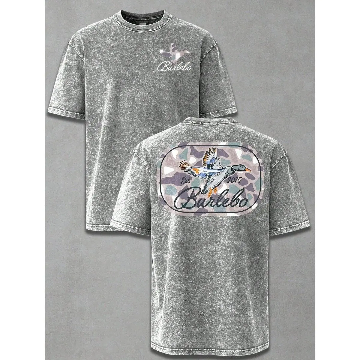 Burleb Camo Duck Est 2015 Hunting Wash Cotton Vintage Distressed Oversized Graphic Tee Men's Short Sleeve Pure Cotton T-Shirt Loose Fit Washable Unisex T-shirt