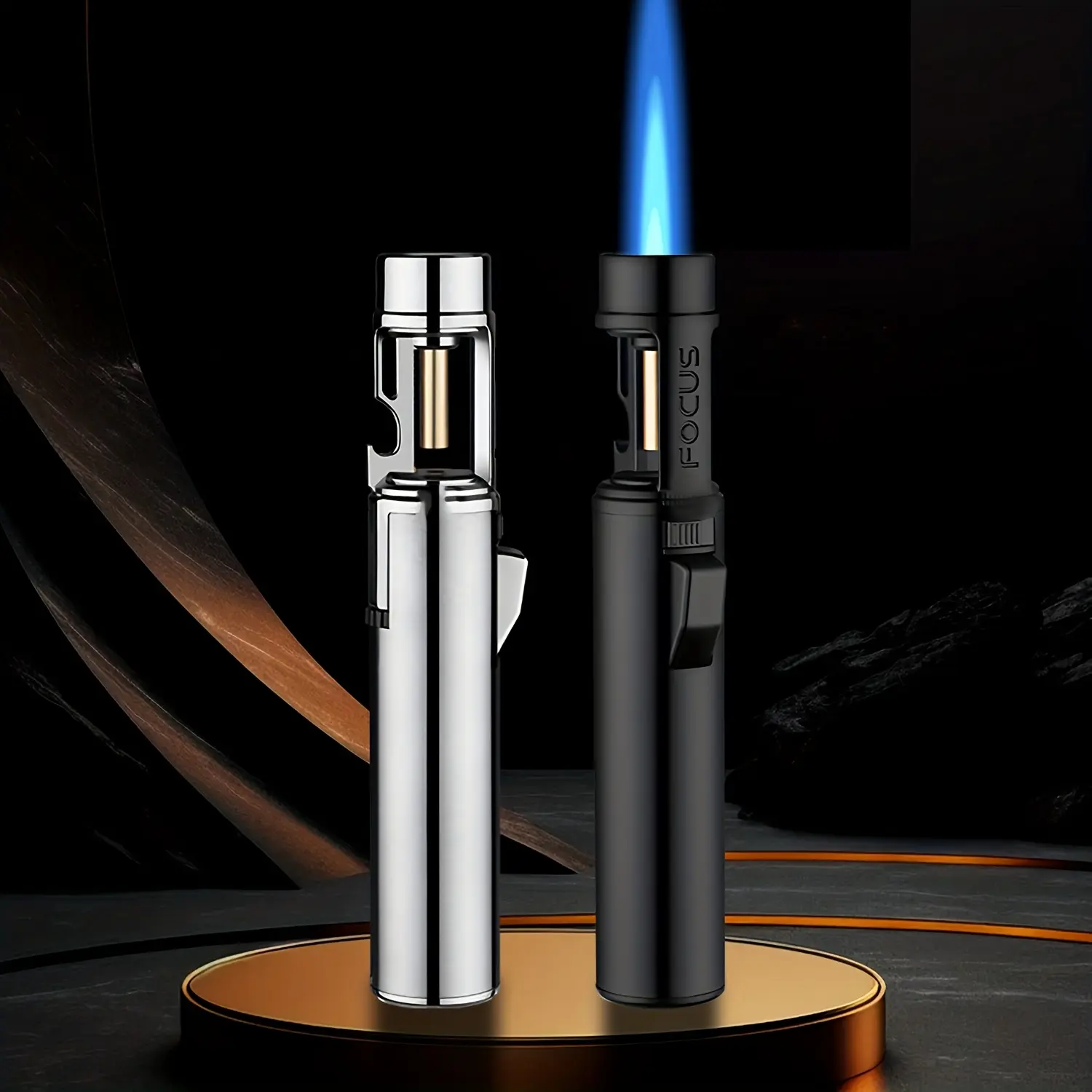 (Fuel Not Included) Metal Windproof Lighter, Classic Big Handheld Shape Polished Finish Zinc Alloy Refillable Jet Blue Flame Lighter with Bottle Opener, Jet Flame Fire Starters for Camping Barbecue
