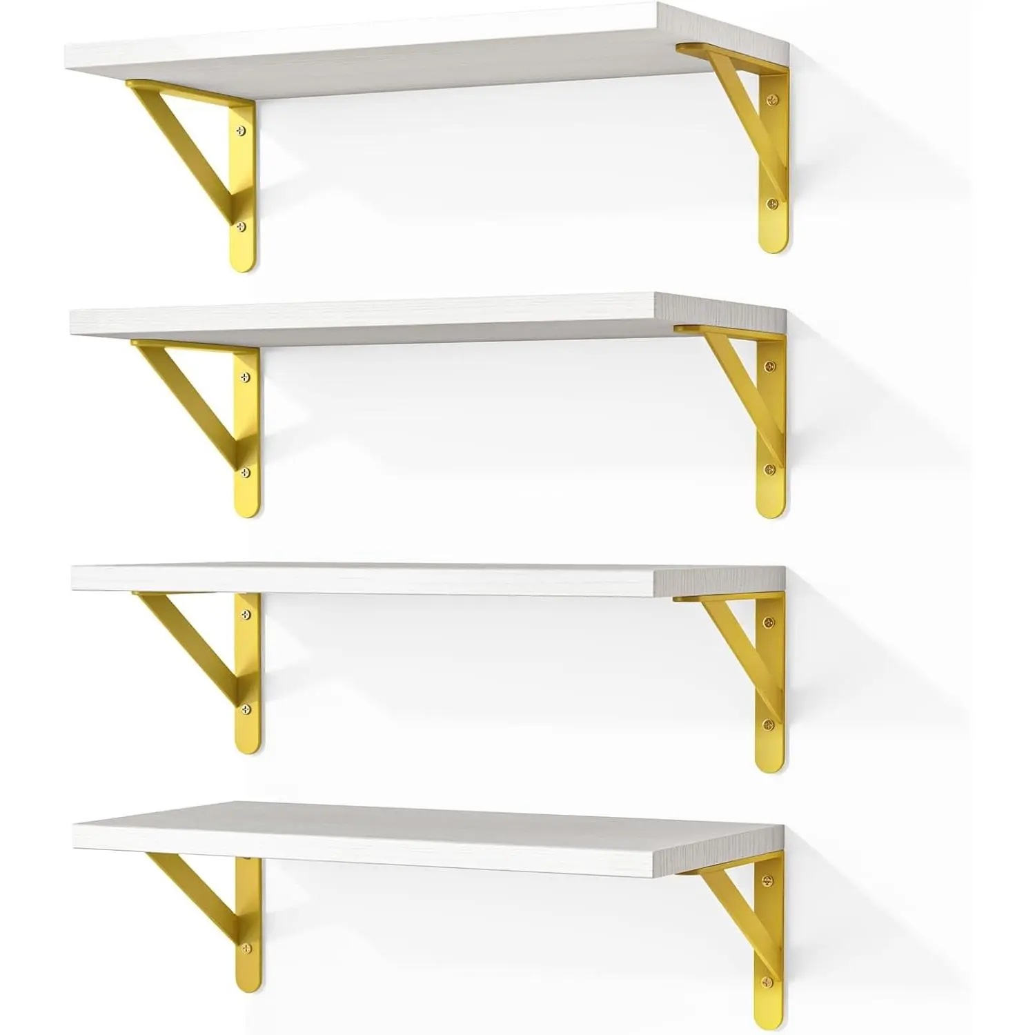 Wall Floating Shelves for Home Decor (White, Set of 4, 16.5 Inch) | Wood Shelves, Natural Grain, 40Lb Capacity, Sturdy Triangle Brackets, Versatile for Any Room