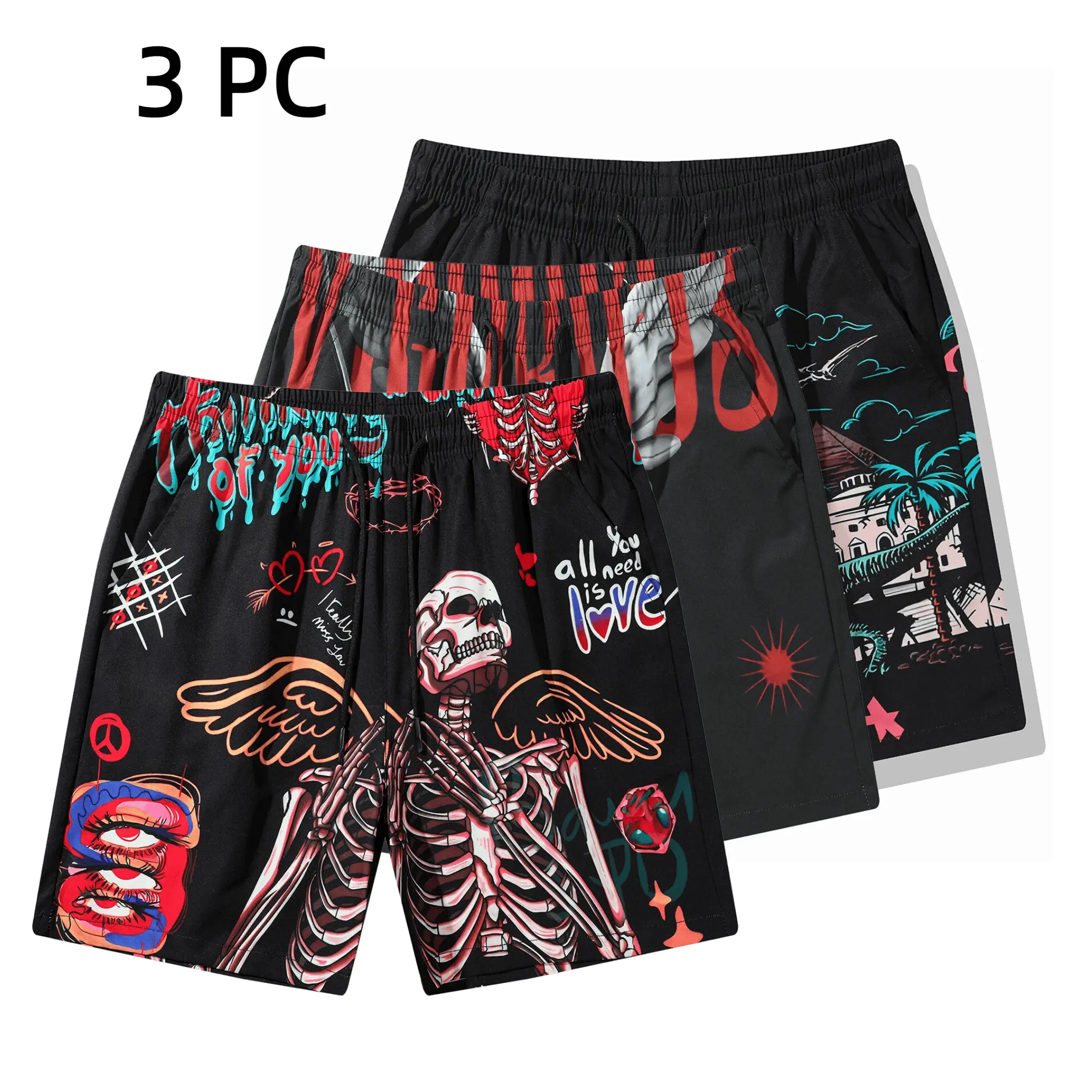 Men's 3-Pack Edgy Graphic Athletic Shorts - Loose Fit, Quick Dry, Elastic Drawstring, Skull Print - Fitness Training, Workout Exercise, Graphic Track Shorts for Gym, Summer Casual Wear, Fitness Training Shorts