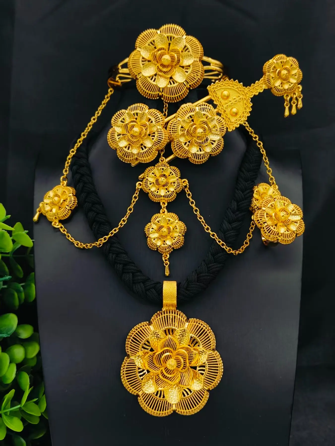 Fashion Women's Rope Flower Pendant Matching Jewelry Set, Necklace Bracelet Ring Earring Head Chain, Wedding Party Gift