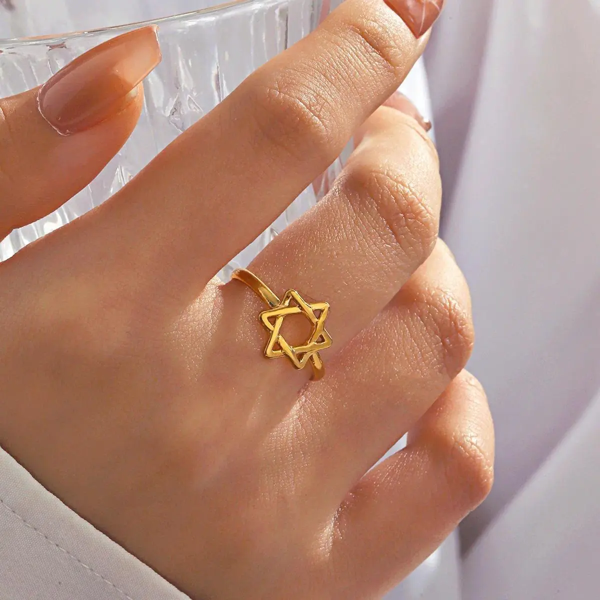 Star of David Hexagram Open Ring Stainless Steel Gold Color Trendy Finger Ring Minimalist Jewish Judaism Jewelry Gift Wholesale