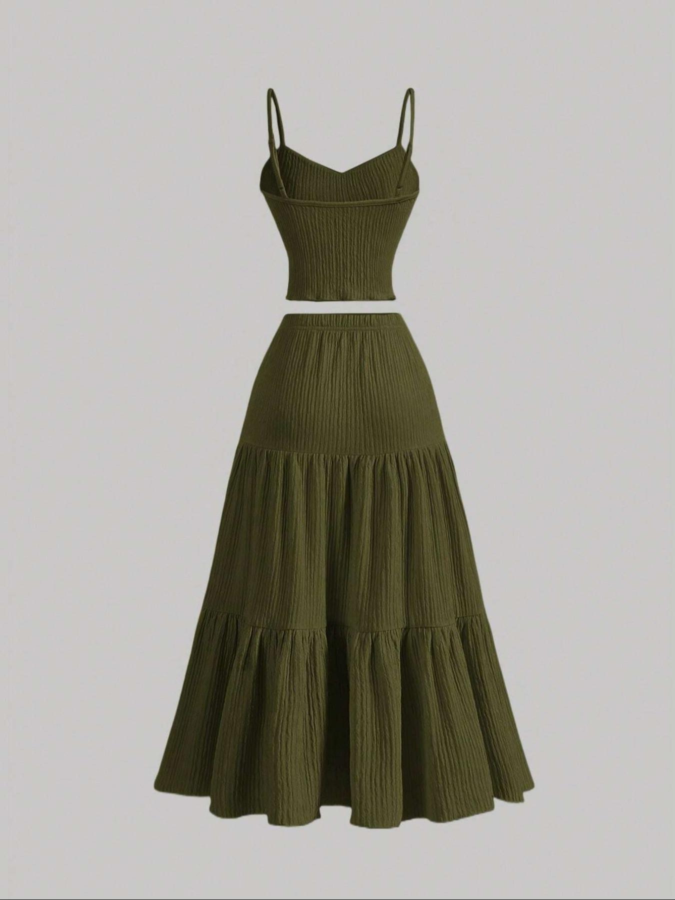 Women's Solid Crop Cami Top & A-Line Skirt Two-piece Set, Casual Fashion Cozy Outfits for Daily Outdoor Wear, Ladies Clothes for Summer