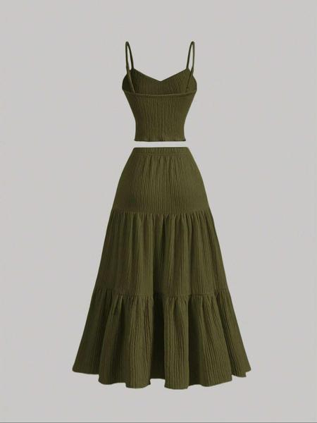 Women's Solid Crop Cami Top & A-Line Skirt Two-piece Set, Casual Fashion Cozy Outfits for Daily Outdoor Wear, Ladies Clothes for Summer