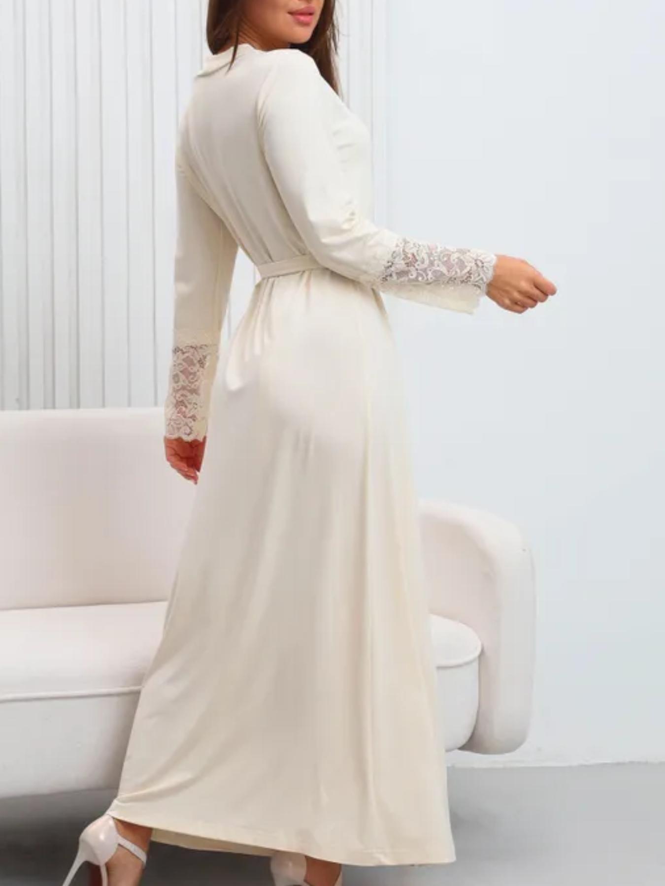 Women's Long Nightgown Robe with Deep V-Neck & Lace Trim Sleeves, Comfortable Home Sleepwear for Spring Autumn Winter Seasons, Womenswear