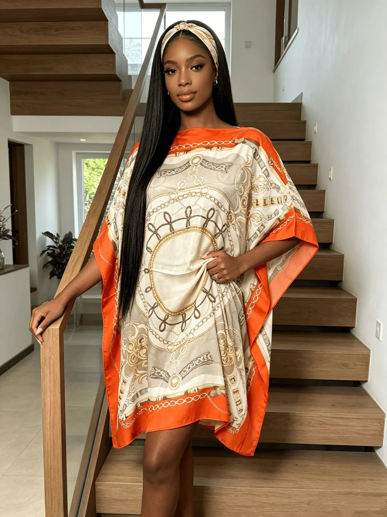 Orange Trim Chain Print Satin Kaftan Mini Dress Women Oversized Loose Silk Feel Loungewear Curvy Friendly Nightgown Beach Cover Up Outfit