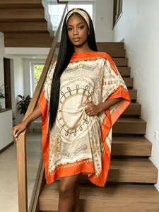 Women's Short Kaftan Dress Plus Size Satin Silky Loose Batwing Cover Up, One Piece Mini Caftan Tunic, Bohemian Ethnic Print Oversized Beach Kimono, Loungewear Nightgown Casual Resort Pool Vacation Dress for Curvy Women