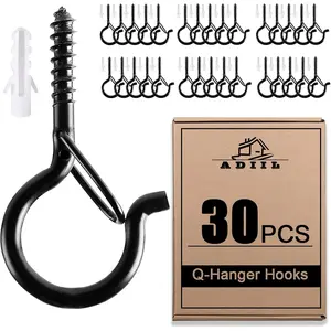 30 PCS Q Hanger Hooks with Safety Buckle, Windproof Screw Hooks for Hanging Outdoor String Lights, Plants, Christmas Patio Lights, 2.2 Inches, Black