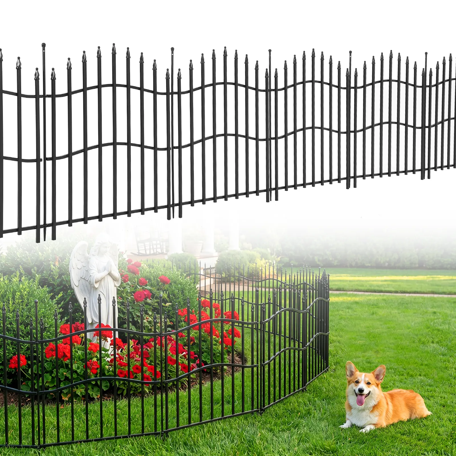 No Dig Metal Garden Fence, Square Tube, 40in Hx 17.6ft Total Length | 8 Pack No Dig Fence Panels Heavy Duty Rustproof Animal Barrier for Yard, Patio