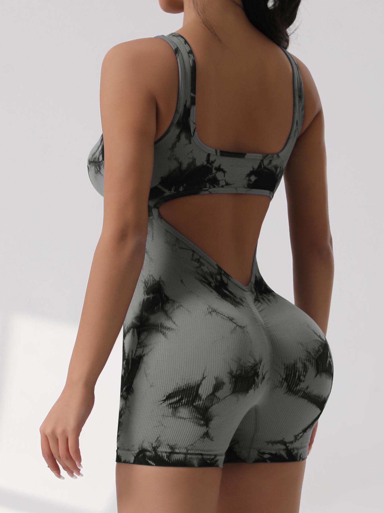Women's Marble Print Open Back Sports Tank Romper, Casual Sleeveless Racer Back Skinny Romper Stretchable Activewear for Yoga Gym Workout, Ladies Sportswear for Summer