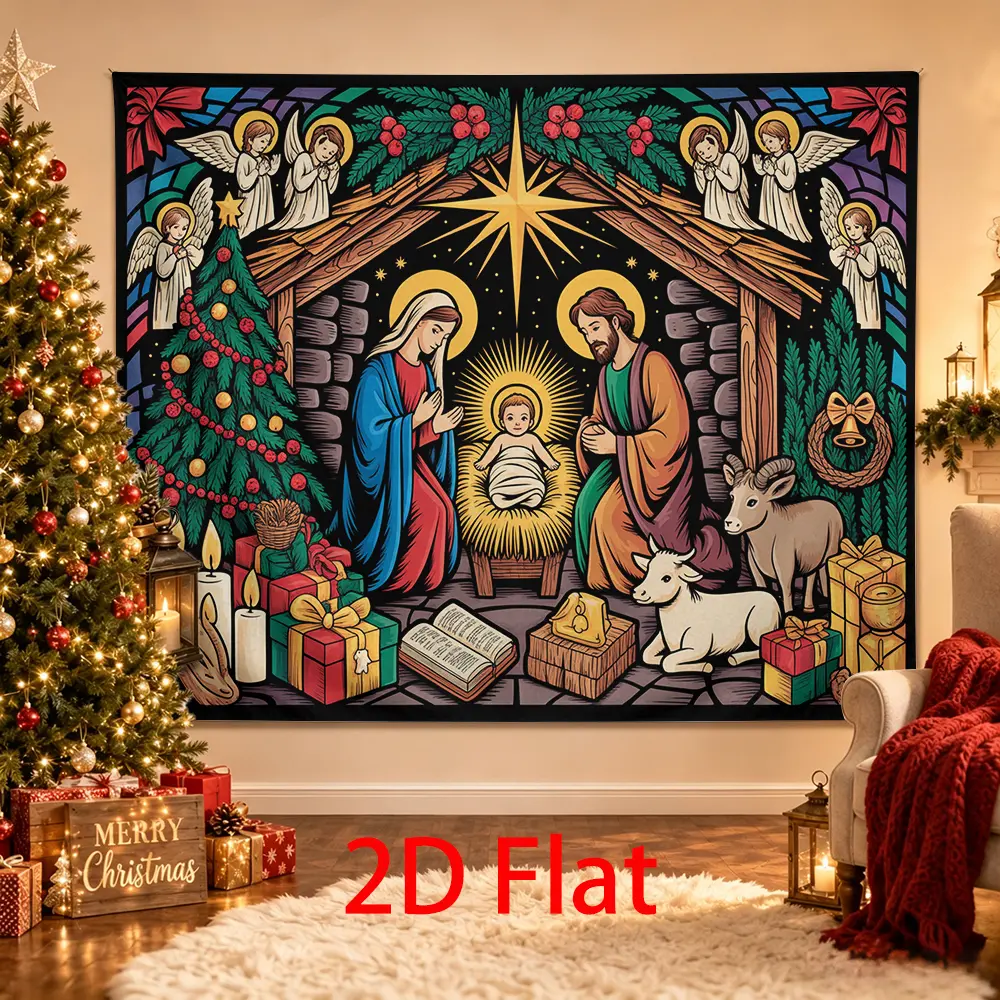 Stained Glass Style Christmas Nativity Backdrop with Angels, Tree, Candles, Gifts and Manger Scene for Holiday Photos