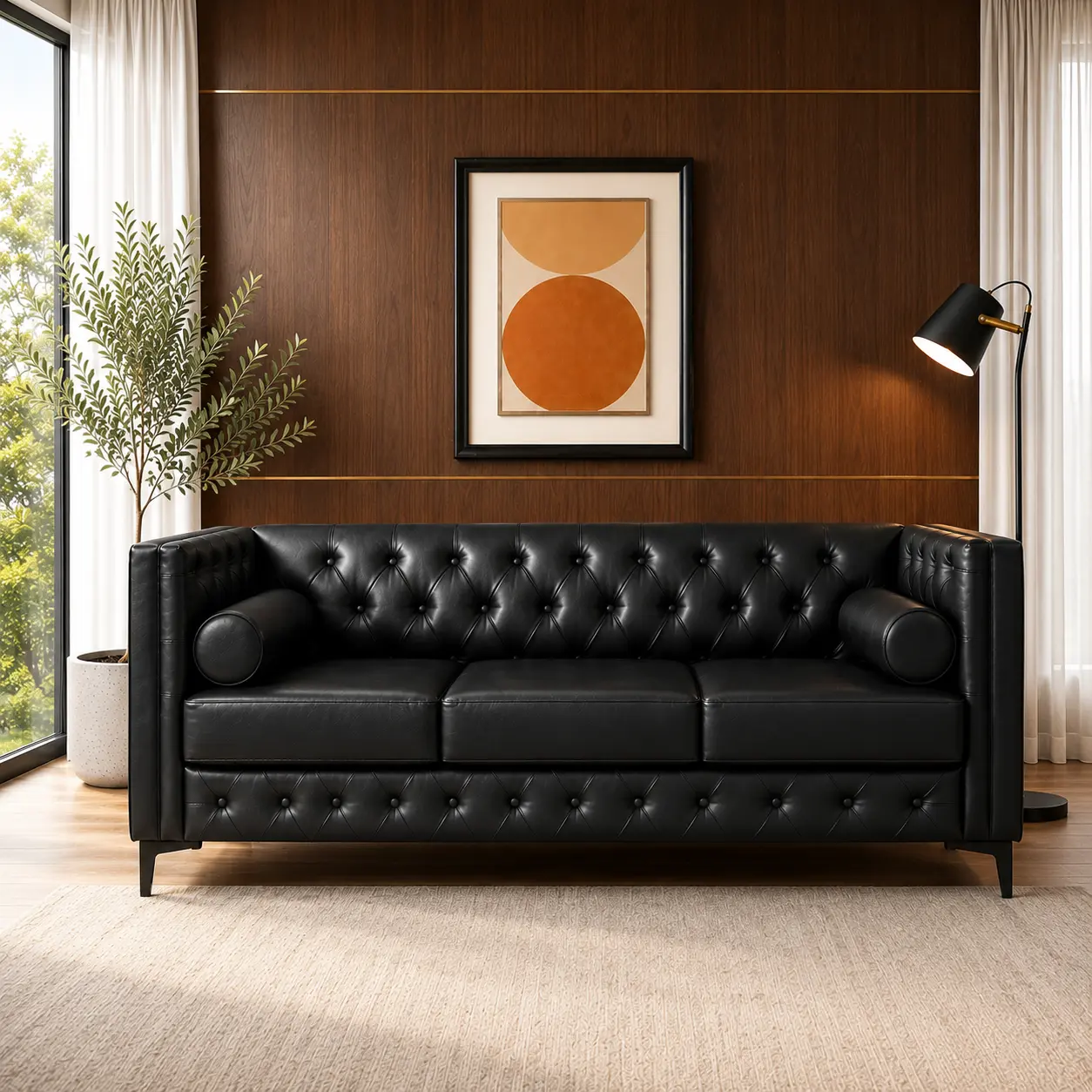 ARCH 78.5" Black Faux Leather Sofa Couch for Living Room, Mid Century Modern 3 Seater Sofa with Button Tufted Backrest, Black Metal Legs, 2 Bolster Pillows, Deep Seat Couch for Apartment Office, 3-Seat, Black Color Options, Faux Leather Material