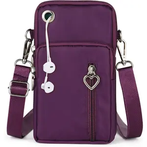 Small Crossbody Wallet Phone Bag, Nylon Cell Phone Purse, Travel Crossbody Bag Cell Phone Shoulder Bag Arm Bag Mini Wallet Purse, with Headphone Port (Purple) New model