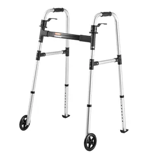 VEVOR Folding Walker, 2-Button Foldable Walker with 5" Wheels & 8-Level Adjustable Height, 350LBS Loading Lightweight Aluminum Mobility Walking Aid, Front-Wheeled Rolling Walkers for Seniors Adults