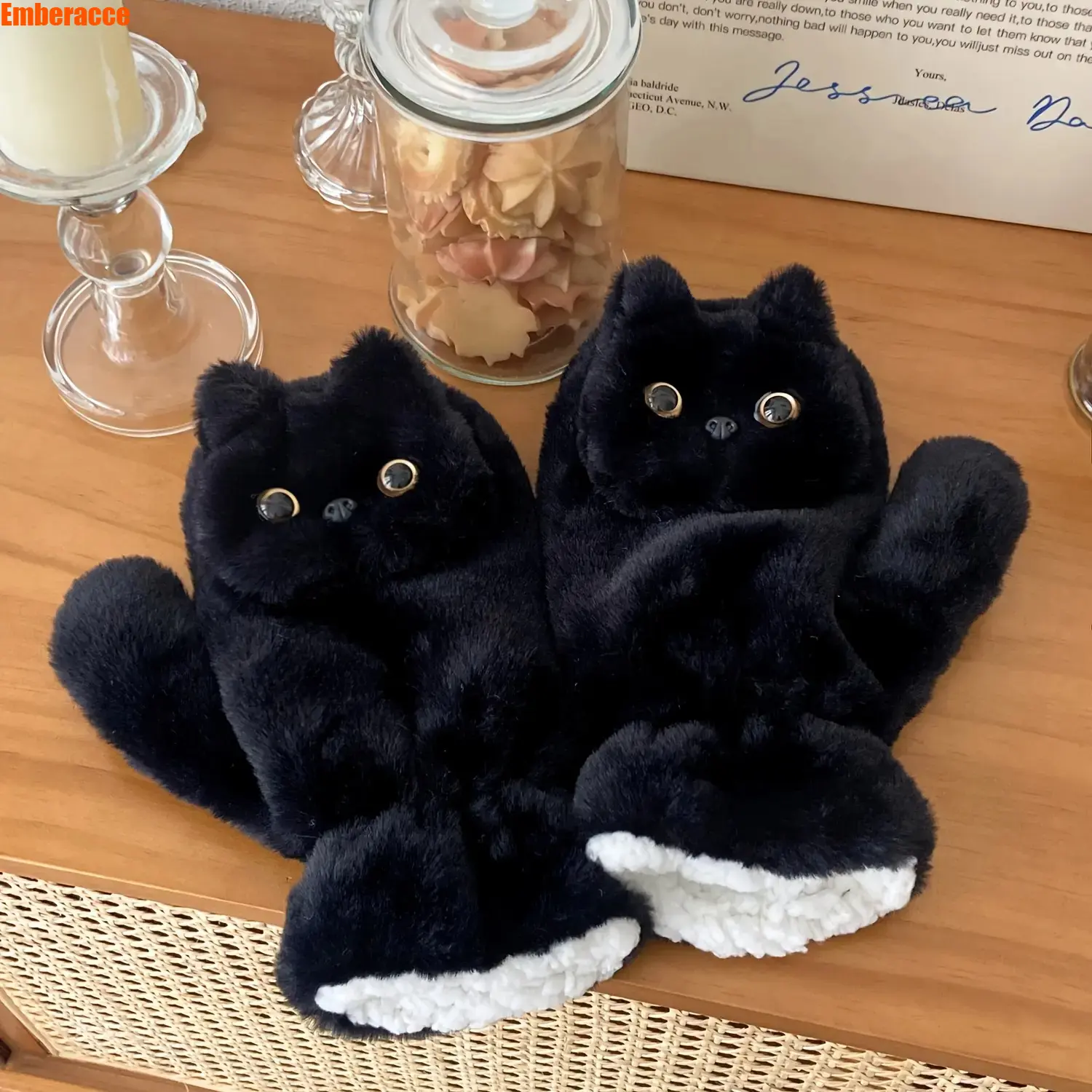 Cute Black Cat Paw Plush Gloves for Women & Girls, Winter Warm Fleece Lined Gloves, Soft Cozy Cold Weather Gloves with Adorable Animal Paw Design, Windproof Full Coverage Mittens for Outdoor Walking, Travel, Hiking & Daily Wear