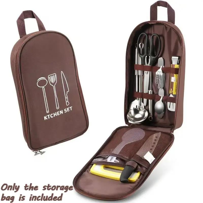 Portable Camping Kitchen Utensil Storage Bag - Heavy-Duty Oxford Cloth Organizer Pouch with Multiple Compartments, Carry Handle for Outdoor Cooking, Picnic, Compact Camping Accessories (Utensils Not Included)