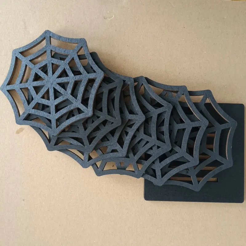 6pcs Spider Web Cup Mats, Halloween Wooden Drink Coasters with Stand, Easy Storage Table Coasters, Spooky Gift Decorations