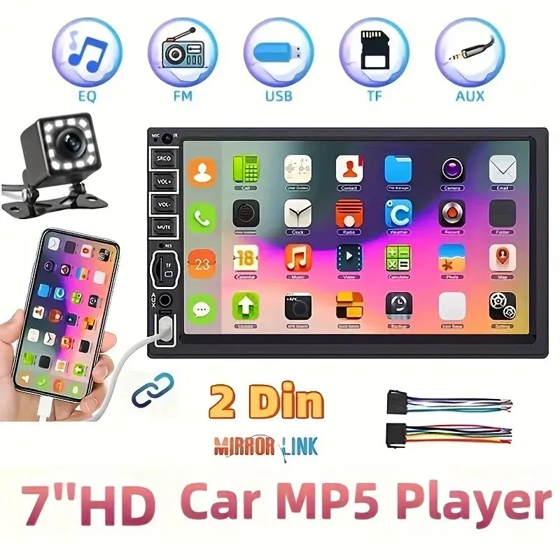 2din Car Radio, 7 Inch HD Touchscreen Mp5 Player, Backup Camera, USB Fm Tuner, High-Quality Audio Experience, Perfect for Modern Vehicles