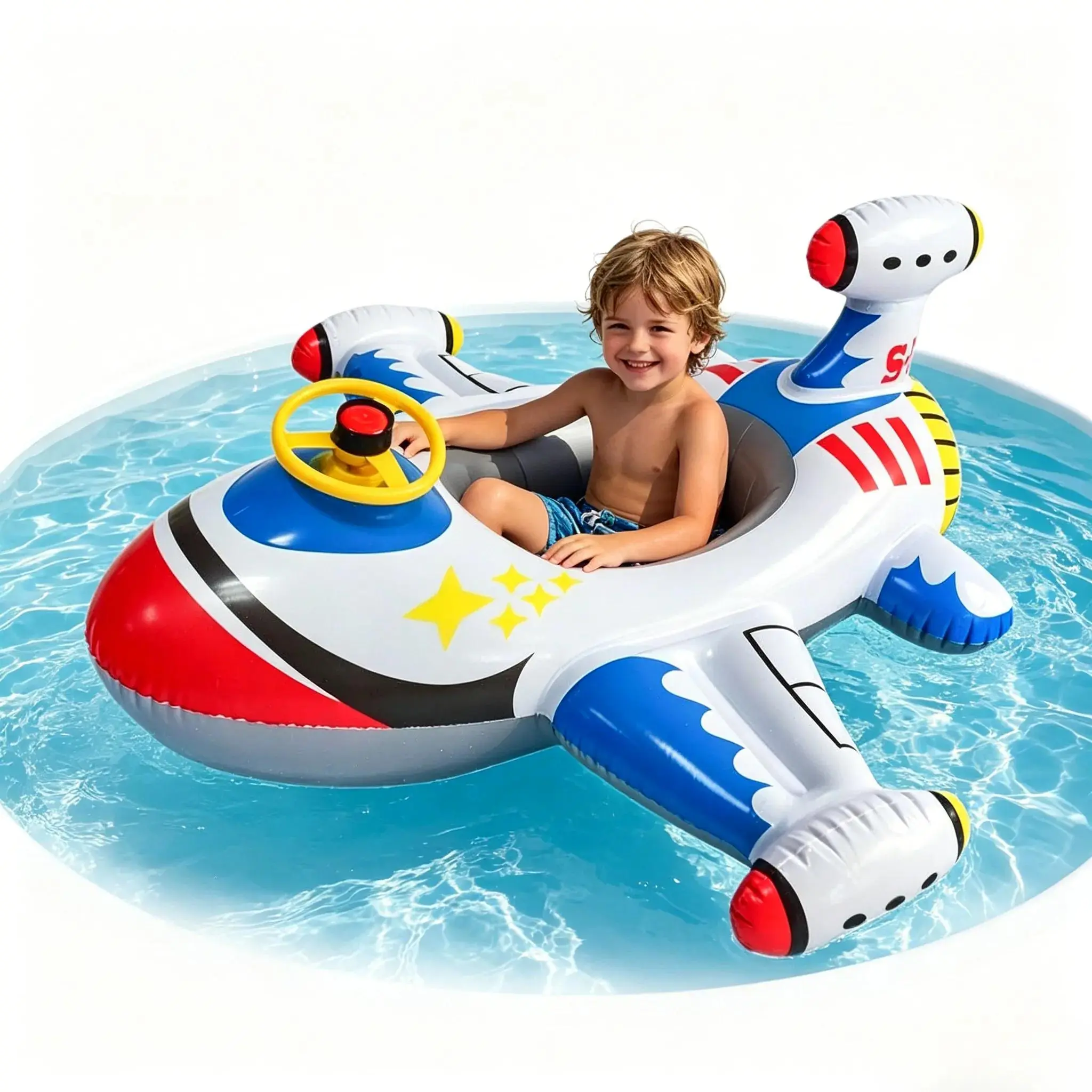 New model aircraft seat boat, children's seat ring inflatable swimming ring, outdoor water play toy with steering wheel swimming ring