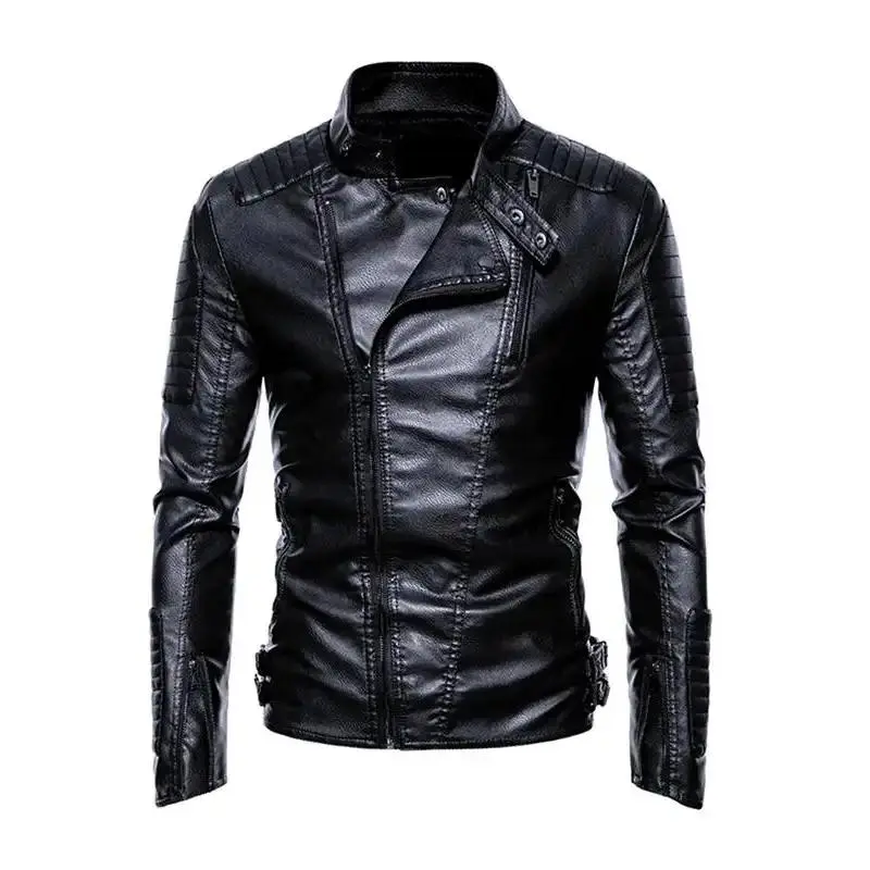 Plain Pocket Button Buckle Decor Pu Leather Men's Winter Jackets, Slim Casual Stand Collar Long Sleeve Zipper Outerwear Coat for Fall & Winter, Button and Pocket Design Vintage Jacket, Lounge Men's Clothes for Daily Wear