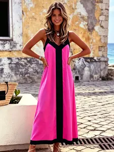 A women's fashion loose vacation-style strapless long dress, sleeveless V-neck body-hiding maxi dress, suitable for summer, ideal for light French-style date dinners, ancient city check-ins, seaside vacations, short trips, and daily home wear