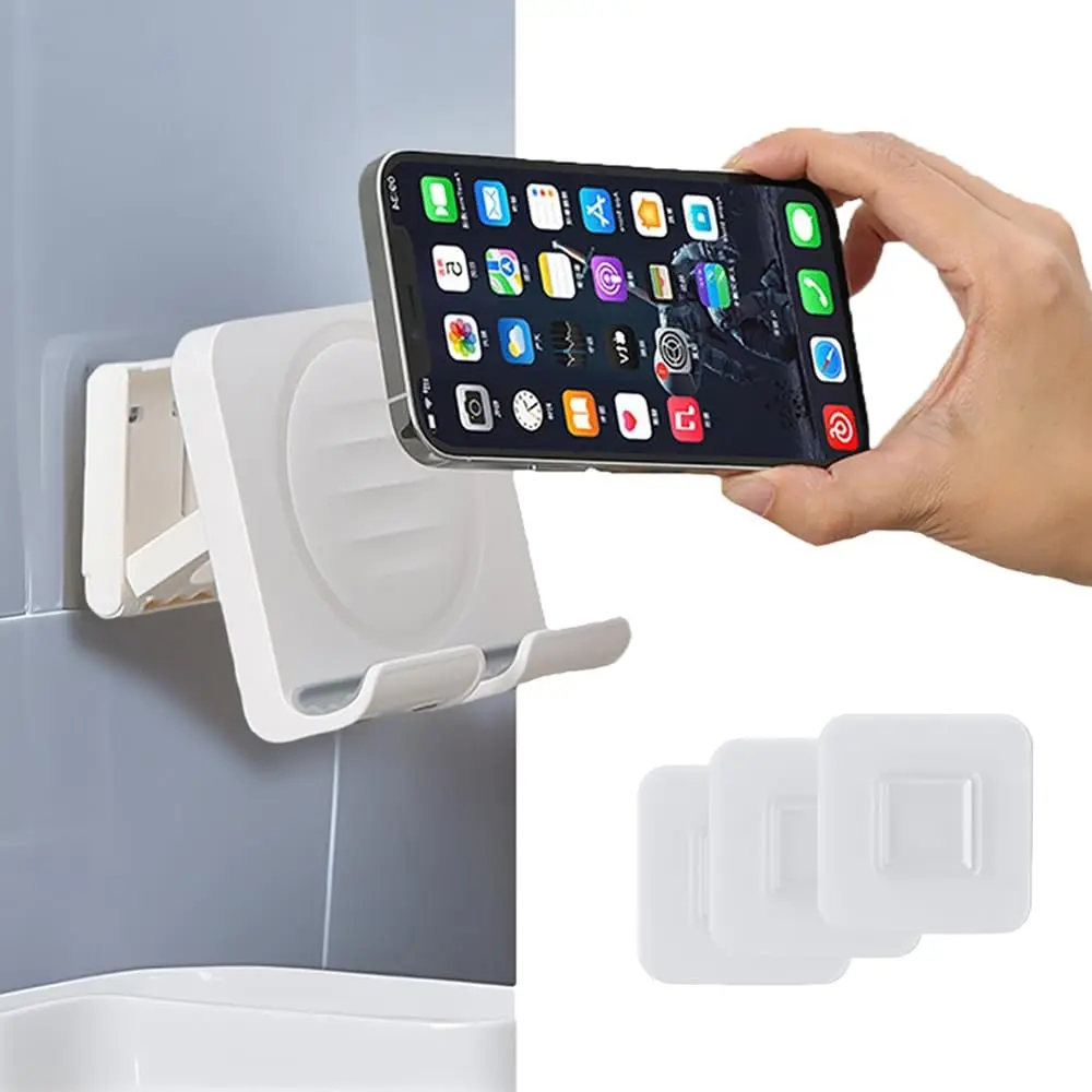 Shower Phone Holder, Wall Mount Cellphone Stand with 3 count Adhesive Pads, Adjustable & Portable Mirror Smartphone Wall Holder, Desktop Phone Mount Stand for Bathroom Bedroom Kitchen or Dorm
