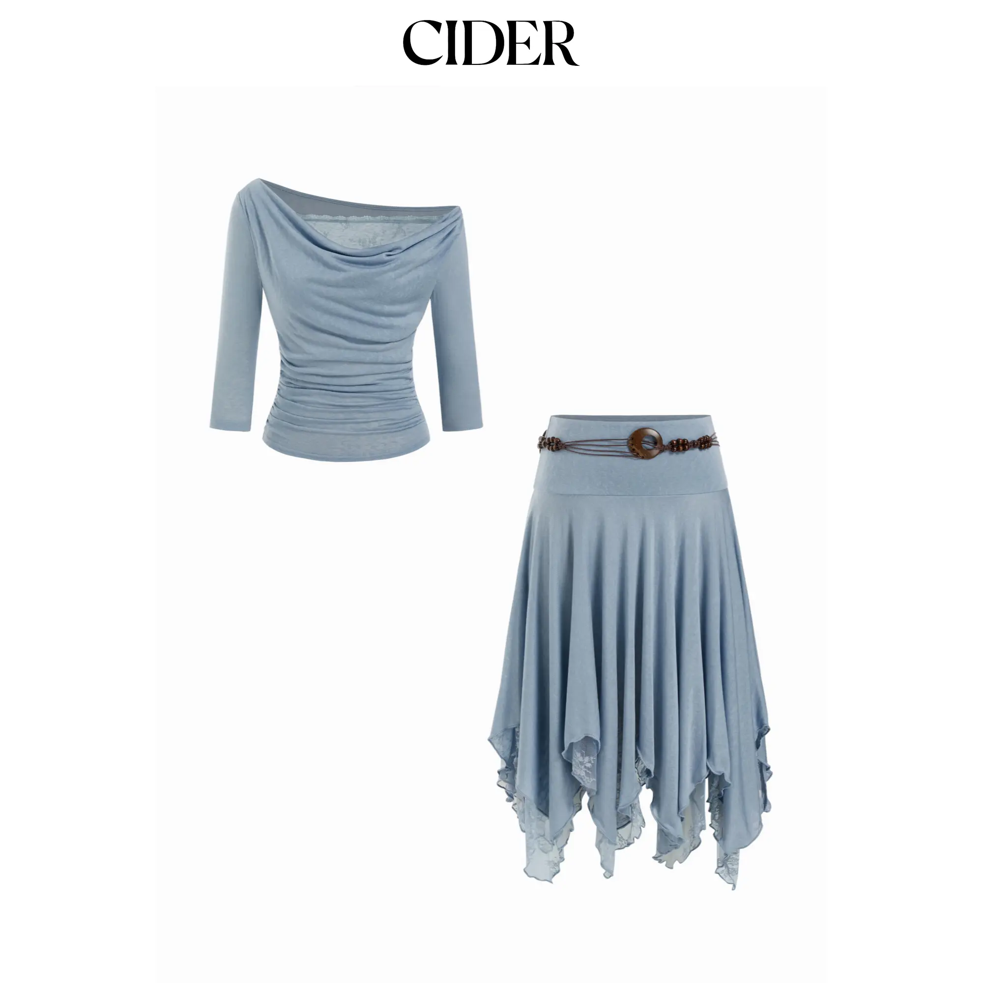 Cider Cowl Neck Ruched Middle Sleeve Top & Mid Rise Belted Asymmetrical Hem Midi Skirt Set