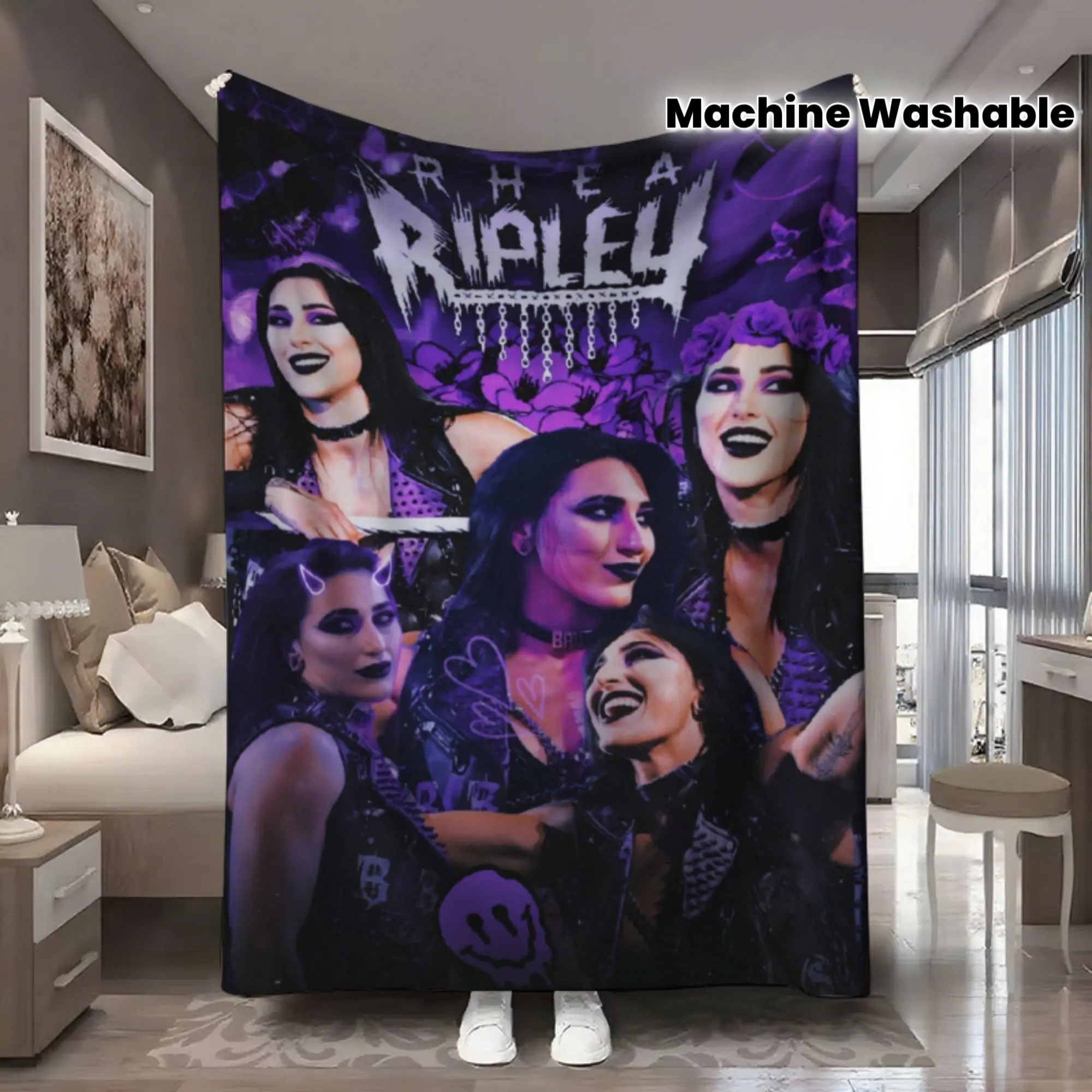 Rhea Ripley Wrestling Superstar Collage Flannel Blanket Purple Dark Style Print Throw Blanket Sofa Bed Warm Decor Blanket