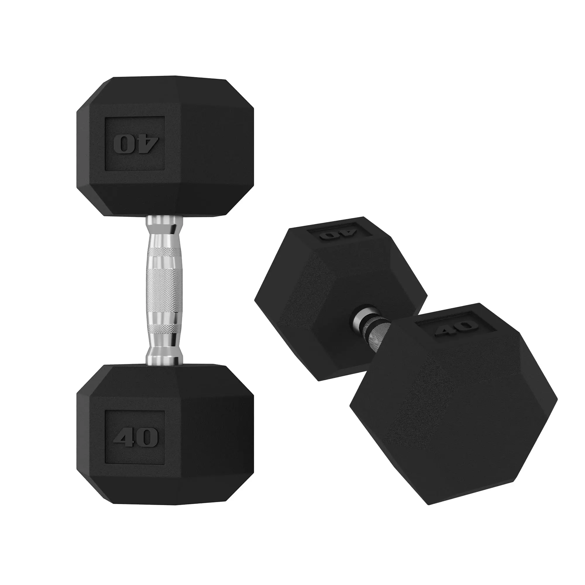 40lb Hex Dumbbells Set of 2 - Rubber Encased Cast Iron, Textured Carbon Steel Handles, Anti-Roll Hexagon Design, Functional Unisex Home Gym Strength Training Equipment