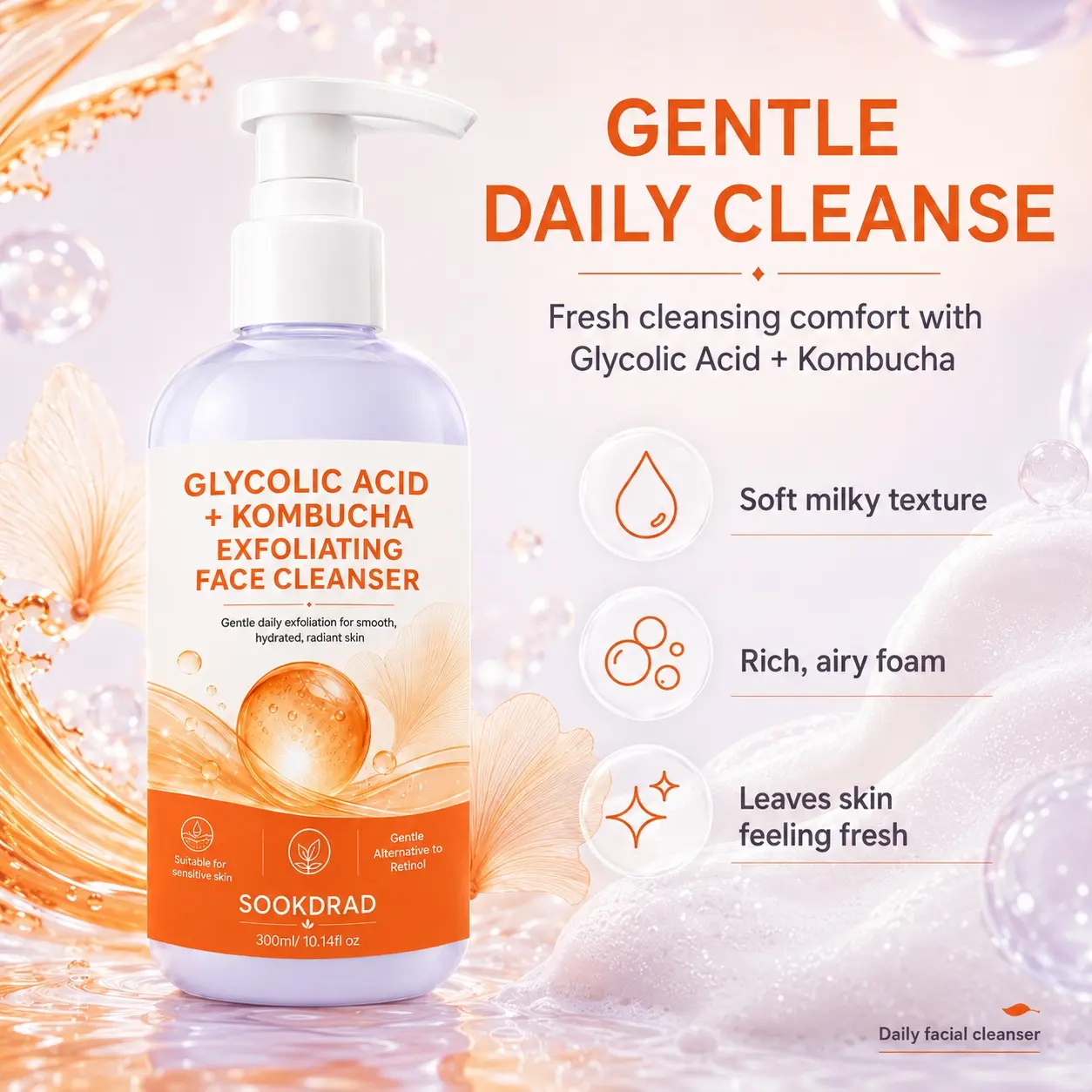 exfoliating face cleanser, glycolic acid, kombucha, gentle daily exfoliation, smooth skin, hydrated skin, radiant skin, for face, suitable for sensitive skin, gentle alternative to retinol,
