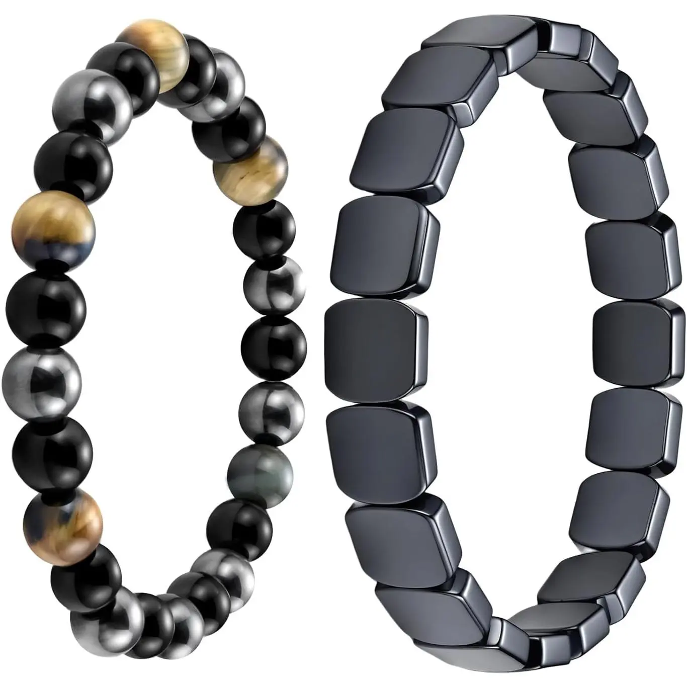 Unisex 2Pcs Triple-Stone Bracelets with Natural Tiger Eye, Obsidian, Hematite, Durable Cord, Stretch Band, Energy Protection, Confidence & Focus Boost, Gift-Ready Fashion Accessory