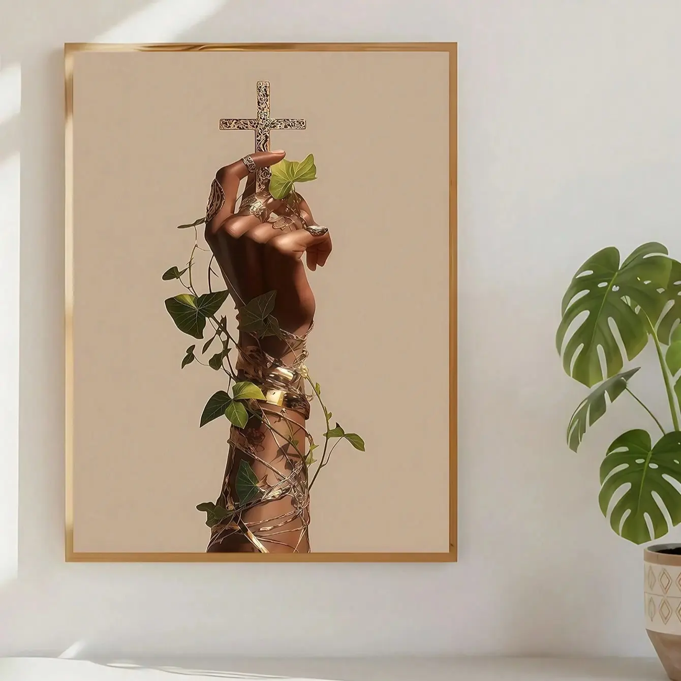 1Pc Aesthetic Religious Hand Art Prints, Elegant Hand Holding Golden Cross Twined With Green Ivy Vines, Luxury Golden Wrapping Chain Vintage Religious Minimalist Poster For Bedroom Living Room Wall Decoration, Unframed