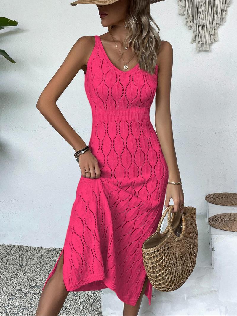 Women's V Neck Long Sleeveless Dress, Elegant Fitted Split Thigh Design, Casual Holiday Beachwear, Fall & Winter Fashion