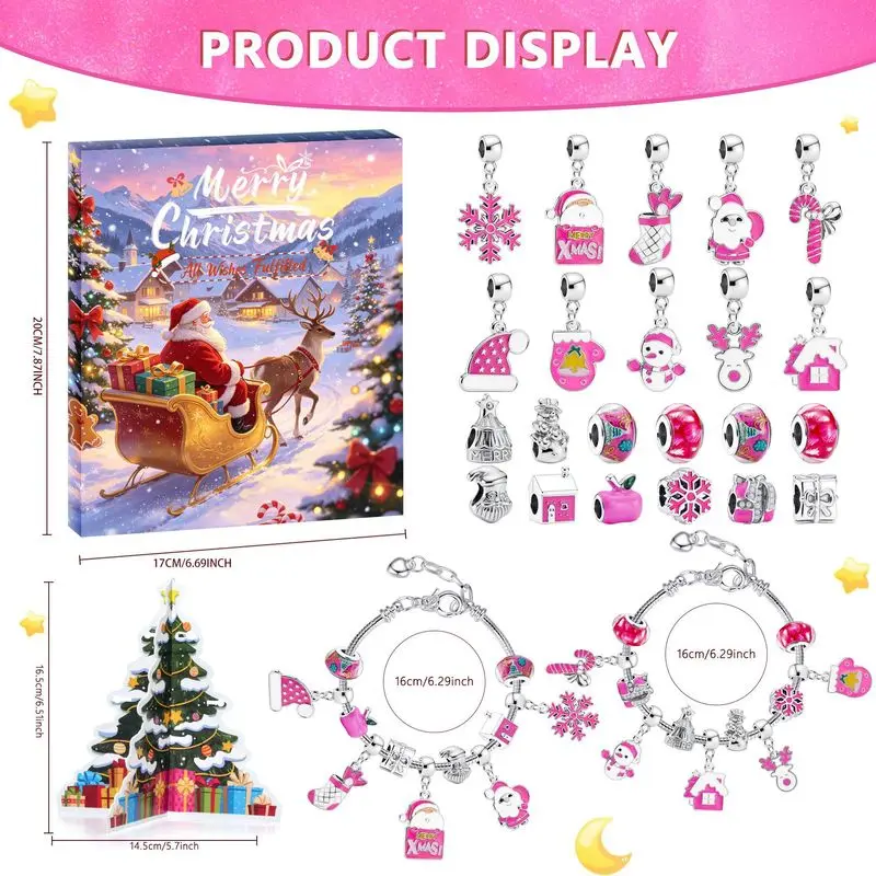 Pink Advent Gift Santa Surprise DIY Bracelet 24-Day Advent Calendar Gift Set Beaded DIY Set, Perfect Christmas Gift